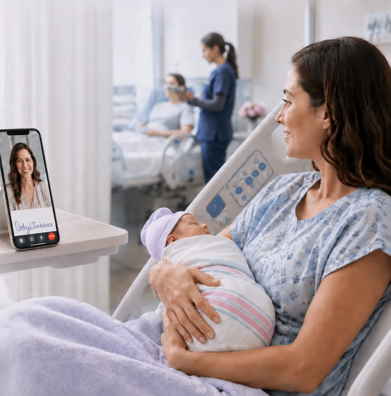 New mother in a hospital bed holding her newborn while a care provider talks with her on a phone video call