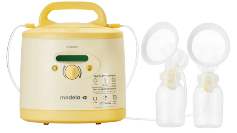 Yellow hospital-grade double breast pump with two bottles