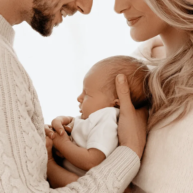 Mother and father smiling at their newborn baby held against the father’s chest