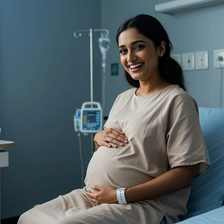 Smiling pregnant woman sitting on a hospital bed beside an IV stand